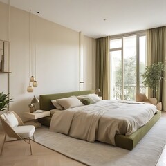 Spacious bedroom interior in beige and olive colour