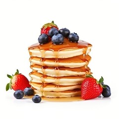 A stack of pancakes with strawberries and blueberries