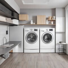 Washing machines in a clean organized neat utility laundry room or washing service room interior front view shot as wide banner mockup design with copy space area