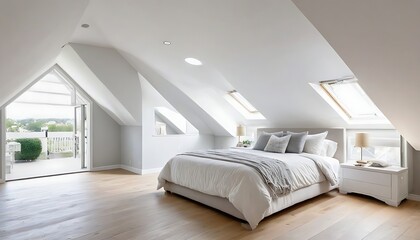 Fototapeta na wymiar White attic master bedroom interior