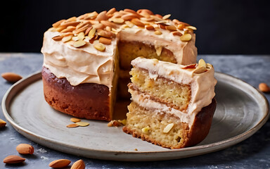 Capture the essence of Almond Cake in a mouthwatering food photography shot
