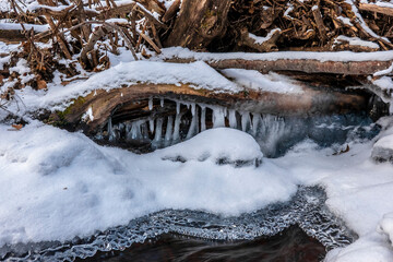Beautiful icicle formations during the freezing of the stream in winter