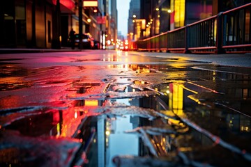 Fototapeta na wymiar Urban Rain with Reflections in Puddles close up, background wallpaper