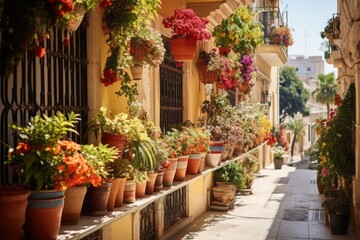 Fototapeta na wymiar Colorful different flowers in pots on balcony or terrace, bright balcony with flowers