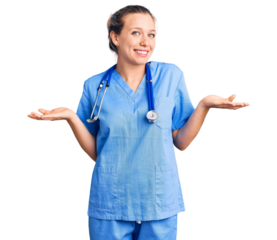 Young beautiful blonde woman wearing doctor uniform and stethoscope clueless and confused expression with arms and hands raised. doubt concept.