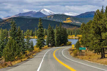 Mount Blue Sky Scenic Byway - An Autumn day view of Mount Blue Sky Scenic Byway at Echo Lake, with snow-capped Mount Blue Sky towering in background. Idaho Springs, Colorado, USA. - obrazy, fototapety, plakaty