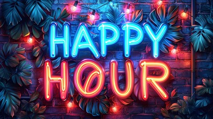 A Neon sign saying "Happy Hour" surround by Green Leaf trellis

