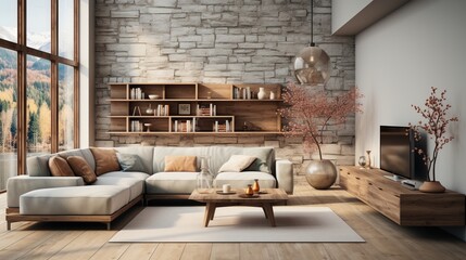 Modern living room interior design with natural materials
