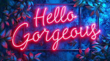 A Neon sign saying "Hello Gorgeous surround by Green Leaf trellis