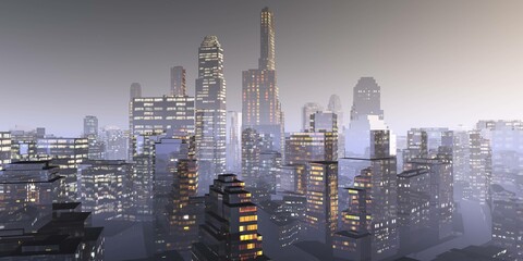 Fototapeta premium Beautiful evening city with skyscrapers in the darkness, Skyscraper landscape in the morning in the fog, 3D rendering