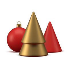 Golden Christmas tree with red ball toy and geometric cone spruce 3d icon realistic vector