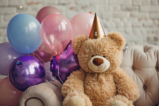 Plush teddy bear wearing a party hat and holding a heart-shaped balloon bouquet the playful and celebratory image capturing the joy and excitement of a birthday party