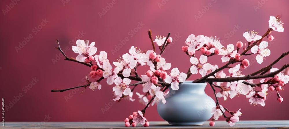 Poster minimalistic blurred pink spring background with colorful elements for product placement