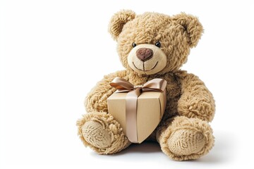 Plush teddy bear with heart-shaped gift box isolated on a white background a ribbon neatly tied around it capturing the anticipation and joy of receiving a heartfelt birthday present