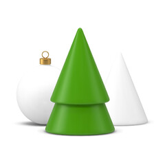 Cute green Christmas tree with white elegant toy ball and cone pyramid 3d icon realistic vector