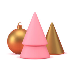 Pink Christmas tree figurine with luxury golden ball toy and cone pyramid 3d icon realistic vector