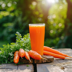 Carrots with a glass of juice on a wooden table, sunny morning garden background