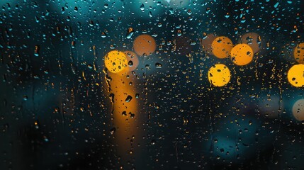Raindrops on the window glass with blurred city lights and traffic lights in the background, capturing the essence of a rainy evening in the city
