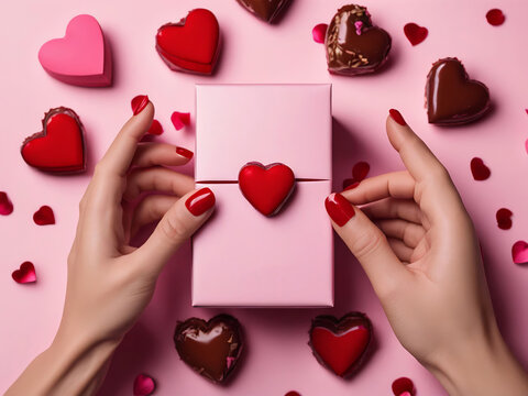 Pink Valentine's Day Gift, Chocolate Box With Red Heart, Along With Individually Wrapped Chocolate Hearts Scattered Beside. Love, Valentine, Sweets.