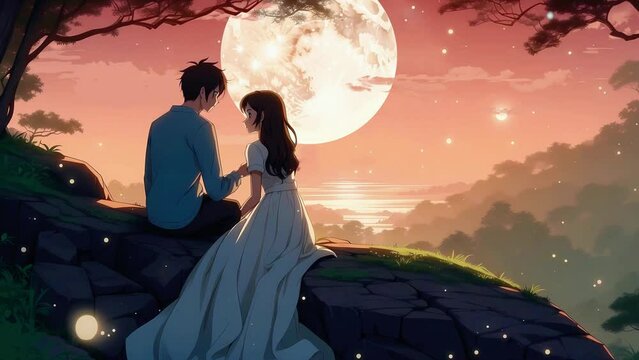 A couple under the moon on Valentine's Day, Seamless 4K Lofi looping animation.