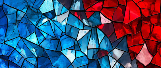 digital artwork of a wall with blue and red stained glass pieces in a shattered mosaic style