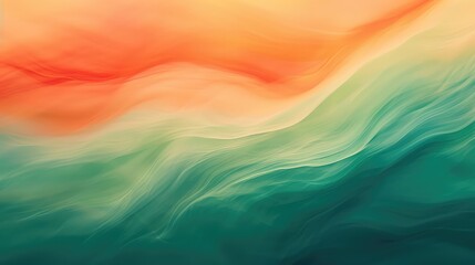an abstract image with wavy patterns reminiscent of the smooth movement of water or air currents. It has a beautiful gradient of colors going from warm orange to cool green. - obrazy, fototapety, plakaty