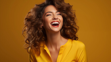 A girl in yellow with curly hair laughs.