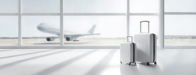 Modern Luggage in a Minimalist Airport Setting. Two suitcases stand in the foreground, a sleek airplane visible through the expansive airport window. Spirit of travel. Panorama with copy space.