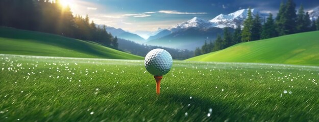 Golf Ball on Tee with Majestic Mountain Backdrop. A serene green golf course with a single ball, poised for the perfect swing. Panorama with copy space. - obrazy, fototapety, plakaty