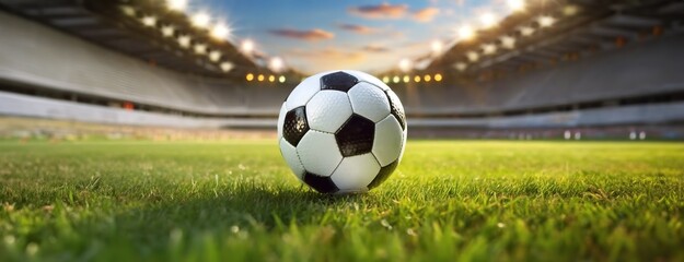 Soccer Ball on a Lush Field with Stadium Lights Ablaze. Vibrant green grass, bathed in the floodlights glow reflects excitement of sports. Panorama with copy space.