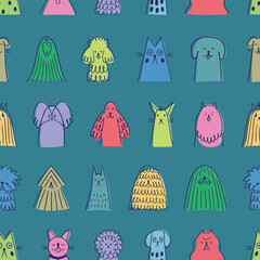 Pattern with cartoon dog heads. Blue background with funny animals - 710915059