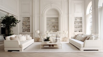 Fototapeta premium A living room with white furniture and a potted plant