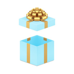 Squared blue gift box with open cap and golden bow ribbon holiday celebrate 3d icon realistic vector