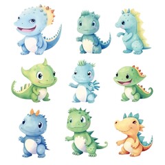 Naklejka premium A group of cartoon dinosaurs sitting next to each other