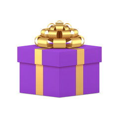 Purple luxury squared gift box with golden bow ribbon shopping present 3d icon realistic vector