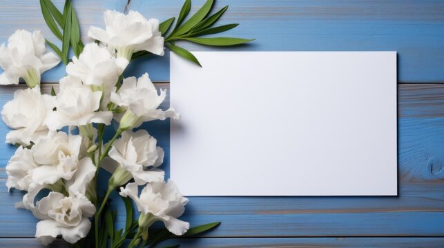 A bouquet of white flowers on a blue wooden table