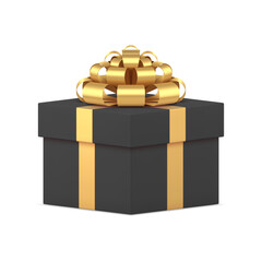 Black luxury squared gift box with golden bow ribbon expensive pack 3d icon realistic vector