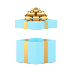 Blue luxury empty gift box with open cap and golden bow ribbon 3d icon realistic vector illustration