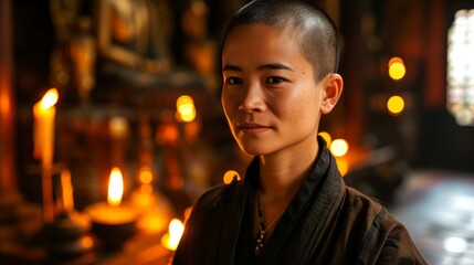 Serene buddhist nun in meditation space with warm candlelight