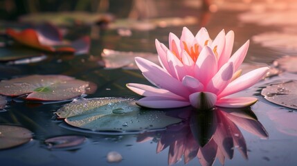 Pink Water Lily Floats on Top of Calm, Tranquil Body of Water