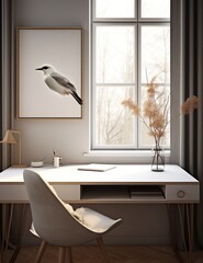 Minimalist home office with a bird poster,