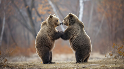 A couple of Grizzly bears standing and looking at each other, in the autumn forest.
