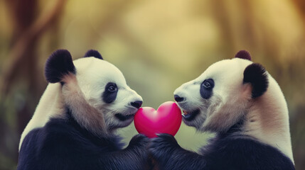 Two panda bears are playing with a red heart shaped balloon. - obrazy, fototapety, plakaty