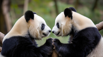 Fototapeta premium A couple of panda bears in love, looking at each other.