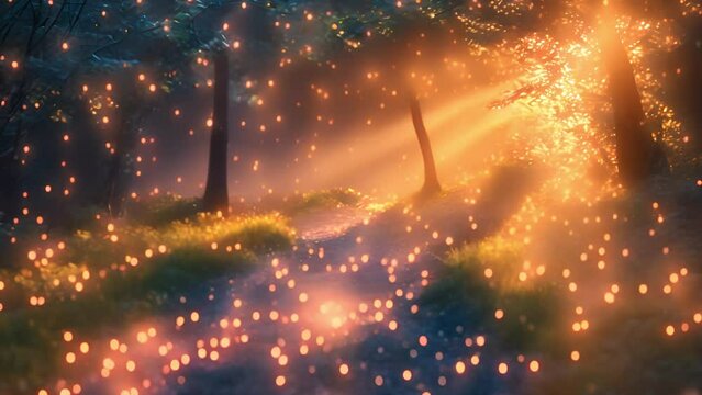 Fantasy forest. Fairy tale magical morning forest with glowing fireflies. Magical particles swirl among the fantastically enchanted trees. Mystical woods. sparkling lights