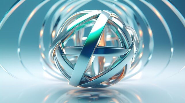 3D rendering of a silver sphere made of interlocking rings against a blue background