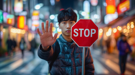 Young man holding stop sign in vibrant city nightlife setting