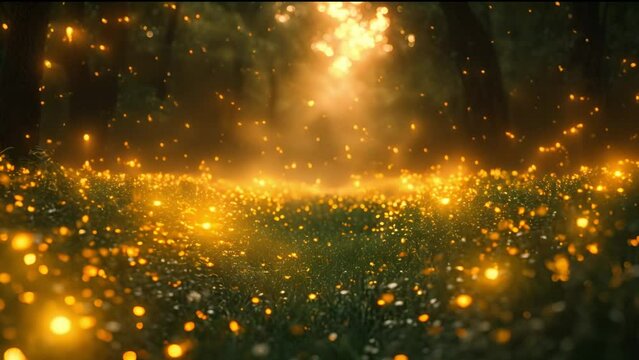 Fantasy forest. Fairy tale magical morning forest with glowing fireflies. Magical particles swirl among the fantastically enchanted trees. Mystical woods. sparkling lights