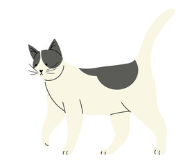 Cute ordinary cat with black spots, hand drawn vector illustration in flat style, isolated on white background