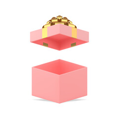Fototapeta premium Pink squared open gift box with golden bow ribbon feminine present pack 3d icon realistic vector